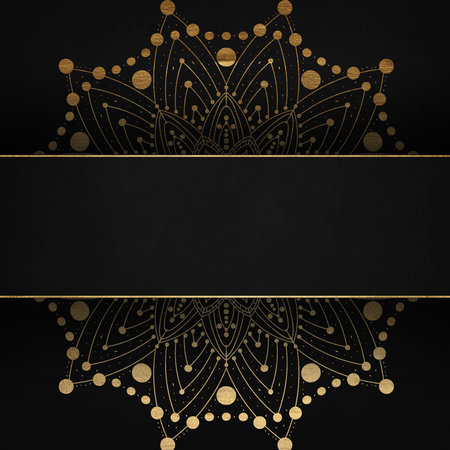 Black vintage greeting card with golden Mandala. Great for invitation, flyer, menu, brochure, postcard, wallpaper, decoration, or any desired idea.の写真素材