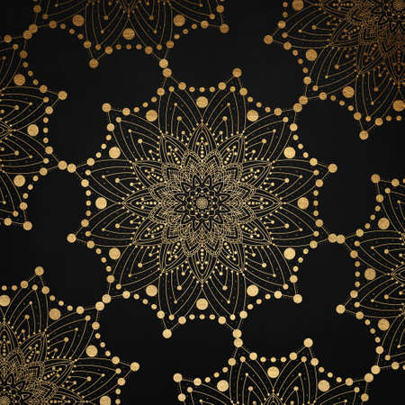 Black vintage greeting card with golden Mandala. Great for invitation, flyer, menu, brochure, postcard, wallpaper, decoration, or any desired idea.の写真素材