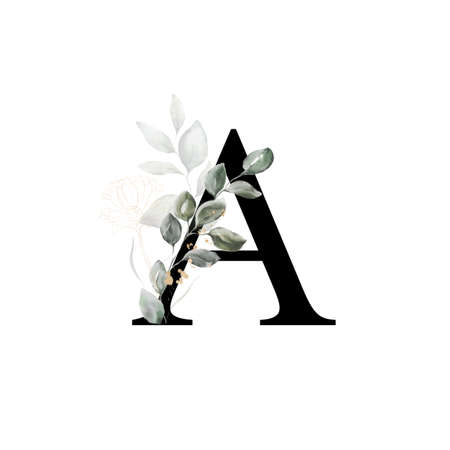 Capital letter A decorated with golden flower and leaves. Letter of the English alphabet with floral decoration. Green foliage.の写真素材