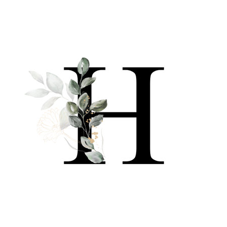 Capital letter H decorated with golden flower and leaves. Letter of the English alphabet with floral decoration. Green foliage.の写真素材