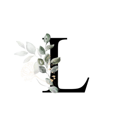 Capital letter L decorated with golden flower and leaves. Letter of the English alphabet with floral decoration. Green foliage.の写真素材