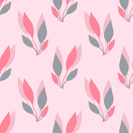 Seamless background with pink and gray leave doodles, mint green background. Luxury pattern for creating textiles, scrapbook, wallpaper, paper. vintage. Romantic floral Illustrationの写真素材