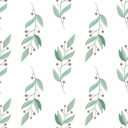 Seamless background with green leaves and red berry doodles, white background. Luxury pattern for creating textiles, scrapbook, wallpaper, paper. vintage. Romantic floral Illustrationの写真素材