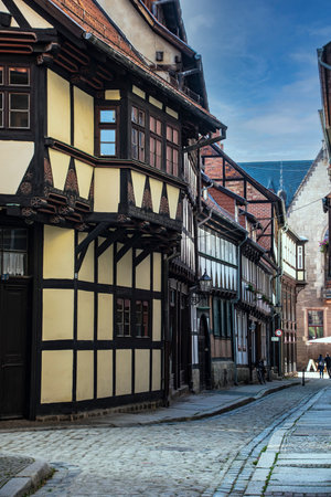 Quedlinburg, Germany - October 2021: Ancient street in center of Quedlinburg old town