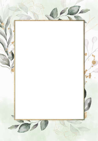 Pale leaves - botanical design banner. Floral pastel watercolor border frame.の写真素材