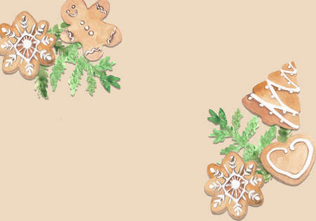 Christmas gingerbread doodles with fir twigs on beige background. Festive cookies for holiday greeting cardの写真素材