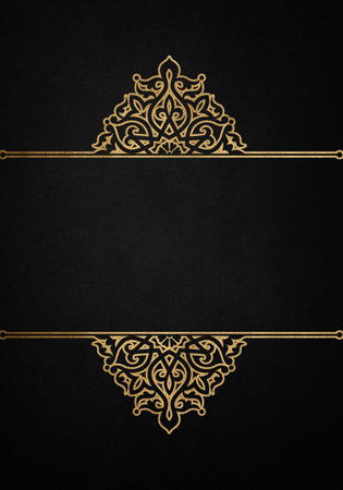 Anthracite vintage greeting card with golden floral ornaments. Eastern background. Great for invitation, flyer, menu, brochure, postcard, wallpaper, decoration, or any desired idea.の写真素材