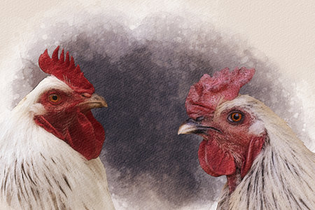 Watercolor illustration of a white rooster and a white hen. bird illustration.の写真素材