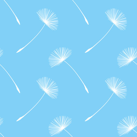 Seamless pattern with delicate white dandelion flower heads on baby blue background