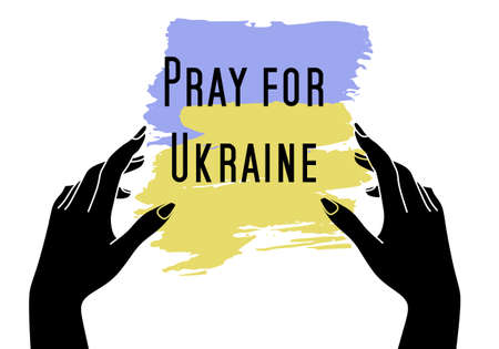 Pray for Ukraine concept on white background, Ukraine flag praying concept illustration. Pray for Ukraine peace. Crisis in Ukraine conceptの写真素材