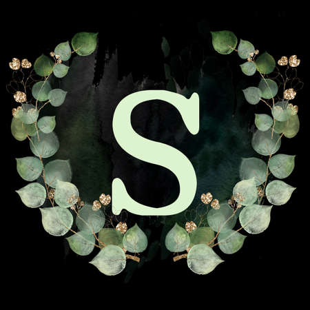 Capital letter S decorated with golden and green leaves. Letter of the English alphabet with floral decoration. Dark watercolor backgroundの写真素材