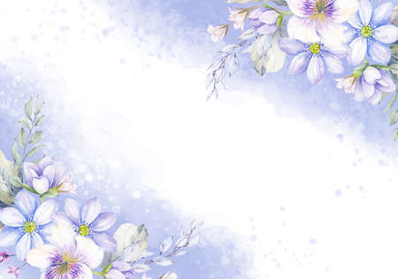 Pale leaves and flowers - botanical design banner. Floral pastel watercolor border frameの写真素材