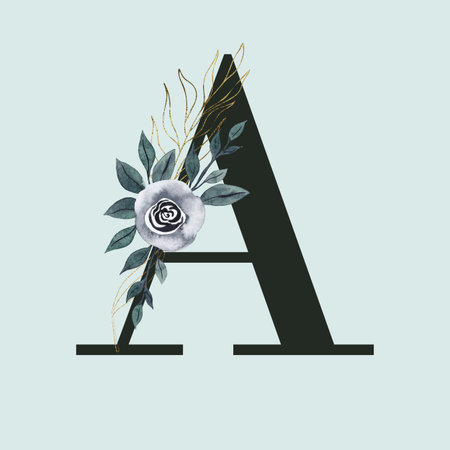 Capital letter A decorated with golden swirls. watercolor flower and leaves. Letter of the English alphabet with floral decoration. Green foliage.の写真素材