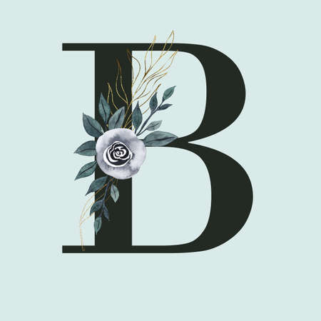 Capital letter B decorated with golden swirls. watercolor flower and leaves. Letter of the English alphabet with floral decoration. Green foliage.の写真素材