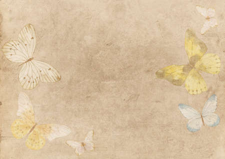 Abstract beige watercolor background with butterflies. Watercolor background for invitations, cards, posters. Texture, abstract background, color splashingの写真素材