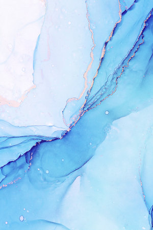 Abstarct fluid ink background with aguamarine and golden splashesの写真素材