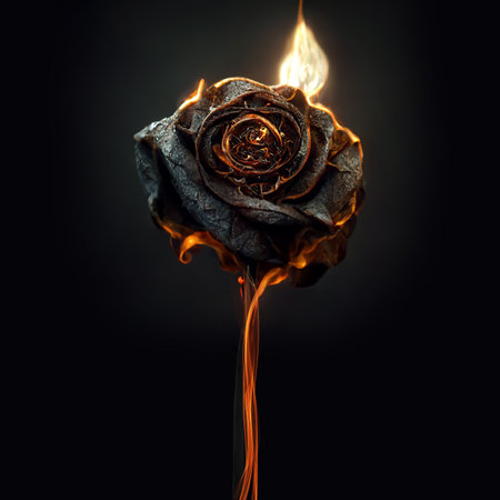 Aesthetic burning rose flower, realistic flame effect on dark backgroundの写真素材