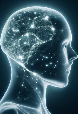 3d, Artificial intelligence and virtual reality concept with human head silhouette made by lots of...