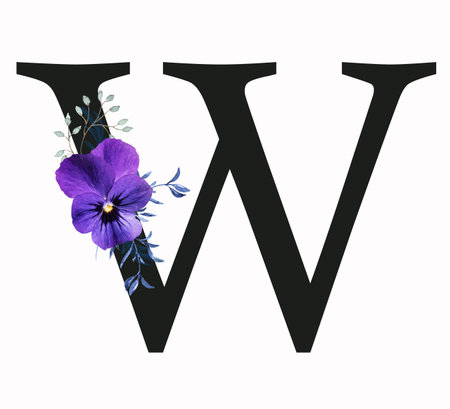 Capital letter W decorated with pansy flower and blue green leaves. Letter of the English alphabet with floral decoration. floral letter.の写真素材