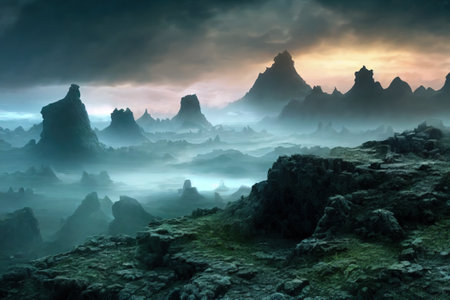 3d rendering - A Fantasy empty and misty landscape with cloudy skiesの写真素材