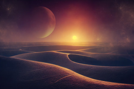 3d rendered Space Art: Alien Planet - A Fantasy Landscape with red skies and starsの写真素材