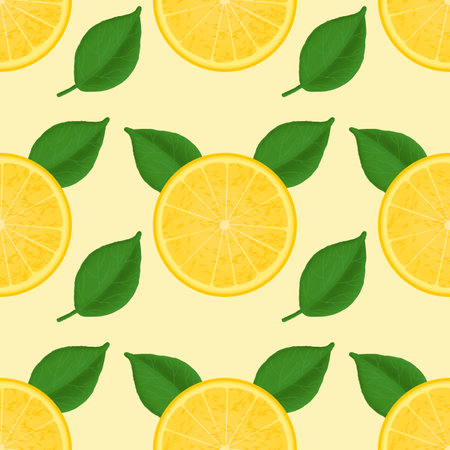 Fresh lemon fruits seamless pattern, citrus sliced fruits, bright yellow backgroundの写真素材