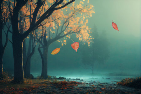 Mystical forest landscape in autumn morning fog. Scenery in autumn with falling leavesの写真素材