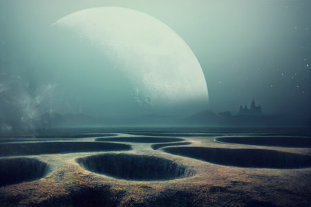 3d rendered Space Art: Alien Planet - A Fantasy alien landscape with huge planet at the horizonの写真素材