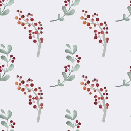 Seamless background with watercolor leaf and berry doodles, bright background. Luxury pattern for creating textiles, wallpaper, paper. vintage. Romantic floral Illustrationの写真素材