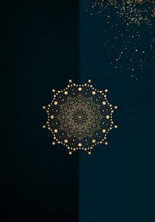 Dark ink blue background with luxury golden Mandala. Great for invitation, flyer, menu, brochure, postcard, wallpaper, decoration, or any desired idea.の写真素材