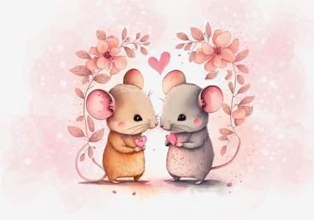 A couple of mice in love against a background with hearts. Valentine\'s day. valentine card. Loveの写真素材