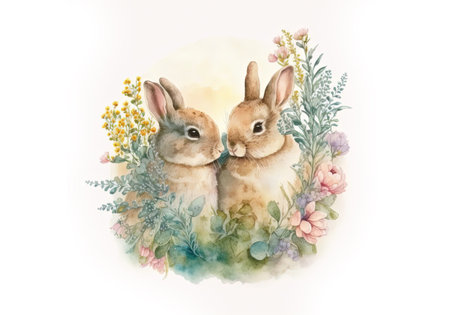 Rabbits in love. Poster or banner for website. Love and romance, happy animal family. Watercolor wild life and nature, forest dwellers. Invitation and greeting postcard design. cartoon illustrationの写真素材
