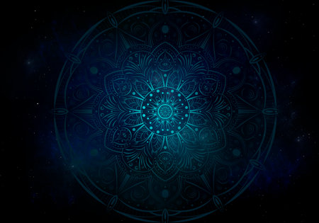 Dark blue mystical greeting card with Mandala. Great for invitation, flyer, menu, brochure, postcard, wallpaper, decoration, or any desired idea.の写真素材