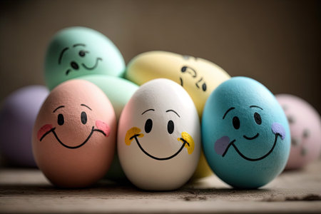 Funny Easter Eggs, hand drawn faces. Easter holiday concept with cute handmade eggs