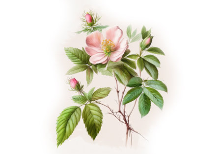 Watercolor pink Rose Flower with green leaves. Generative AI.の素材