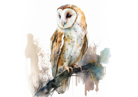 Generative AI. Watercolor owl isolated on white background. Perfect for design greeting card or print.の素材