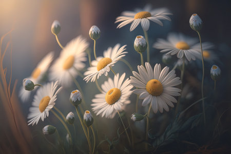 Wild daisy flowers growing on meadow, white chamomiles on green grass background. Generative AIの素材