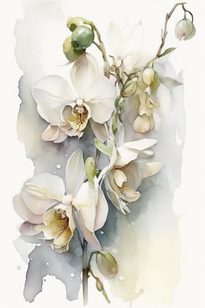 Tropical orchid plant with white flowers. watercolor painting. Floral illustration. Generative AIの素材