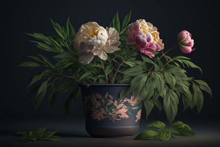 Generative AI. Beautiful white peony flowers bouquet in vase with dark background.の素材