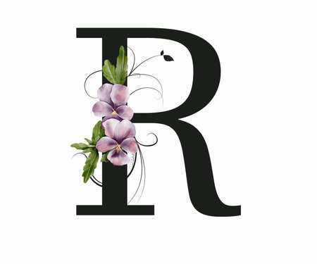 Capital letter R decorated with green leaves and pansies. Letter of the English alphabet with floral decoration. floral lettering.の写真素材
