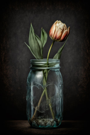 Generative AI. Spring concept. Tulip flower in a glass mason jarの素材