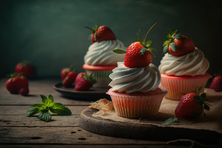 Generative AI. Illustration of strawberry cupcakes with ganache frostingの素材