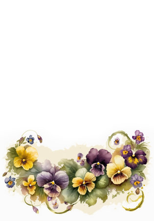 Generative AI. Watercolor pansies and leaves on white background - vertical botanical design banner. Floral pastel watercolor, vintage styleの素材