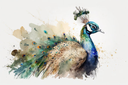 Generative AI. Colorful blue and green peacock head. Watercolor bird illustrationの素材