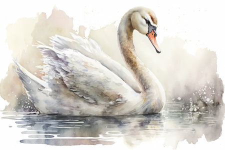 Generative AI. Watercolor illustration of a white swan on a white background. Bird illustration.の素材