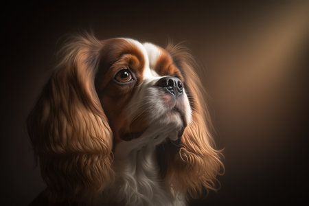 Generative AI. Portrait of a Cavalier King Charles Spaniel dog in close-up on a dark background.の素材