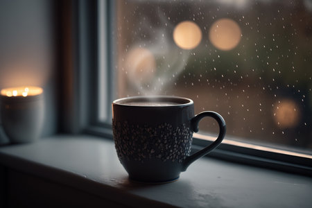 A cup of coffee by the window on a rainy day. Generative AI.の素材