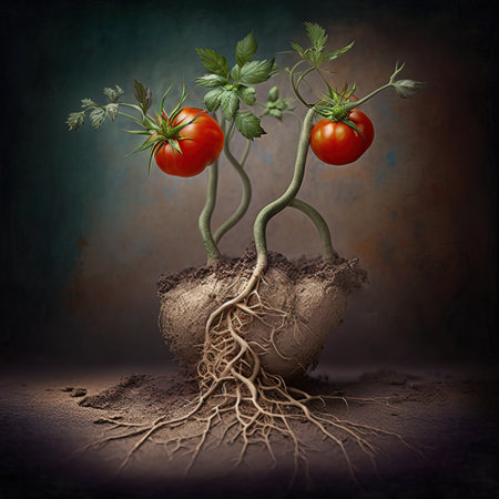 Generative AI. Ripening young tomatoes on the branches and the roots of the plantの素材