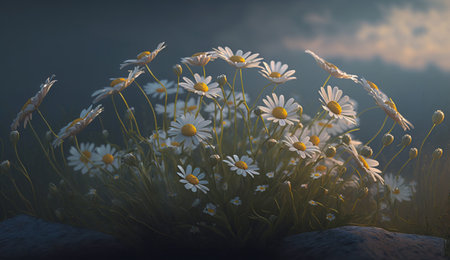 Generative AI. Wild daisy flowers growing on meadow, white chamomiles on green grass backgroundの素材