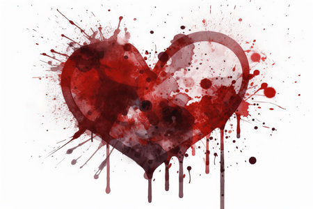 Generative AI. Red Splash Watercolor Heart Illustration on White Background.の素材